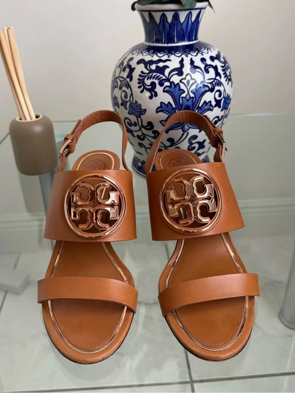Tory Burch Tan Leather Logo Slingback Sandals